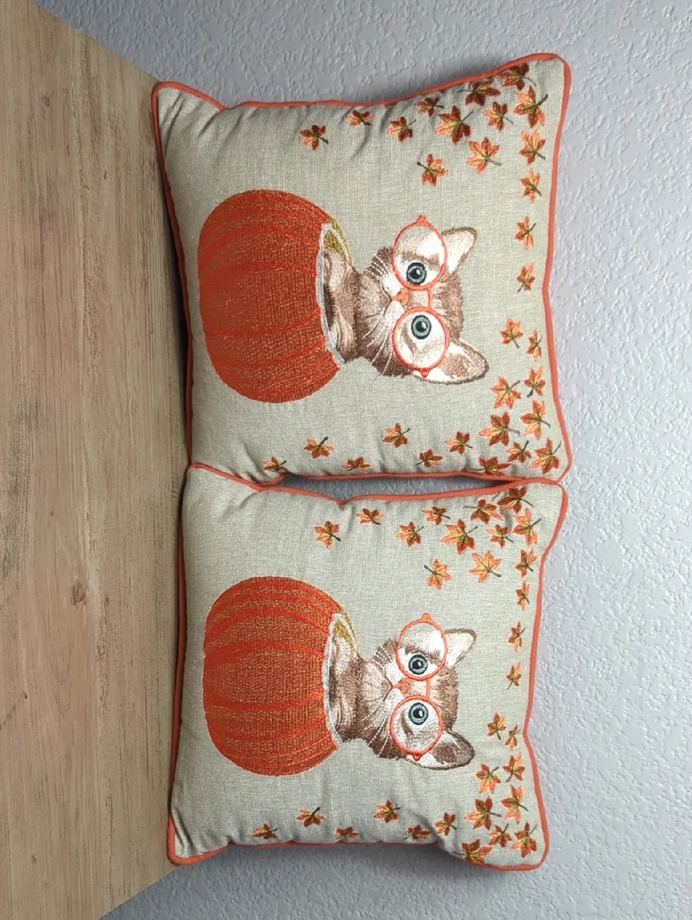 Pier 1 Imports Harvest Cat in Pumpkin Embroidered Throw Pillows - Set of 2